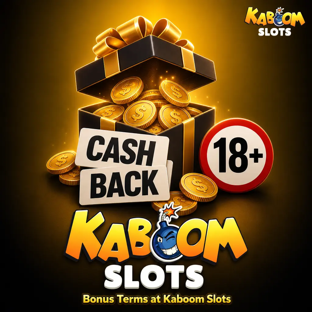 Kaboom Slots bonus terms showing wagering requirements, deposit tiers, and conditions for welcome offers and free spins
