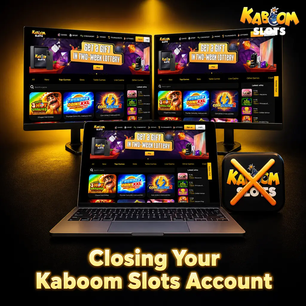 Kaboom Slots account closure steps showing responsible gambling options and self-exclusion settings
