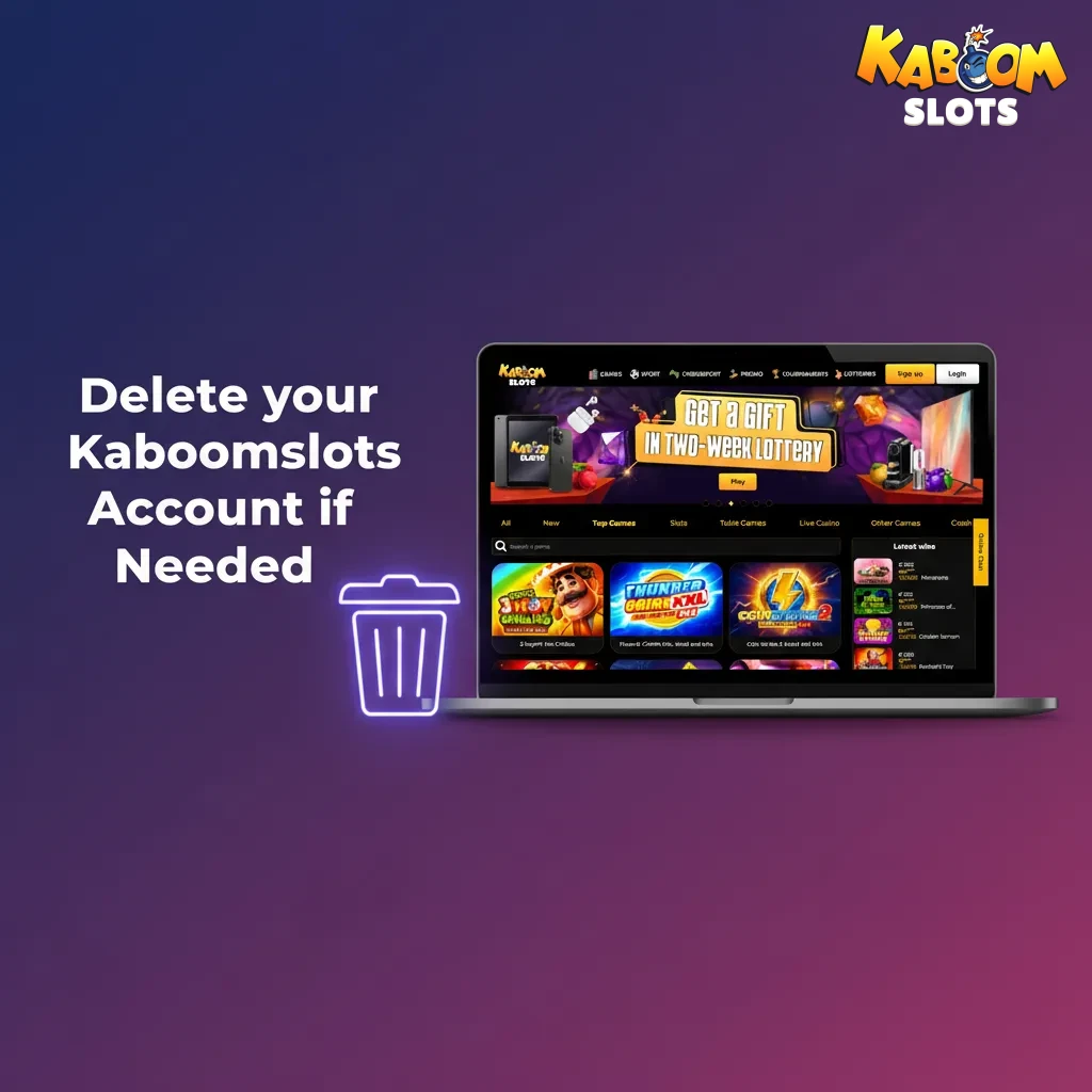 Infographic on deleting a Kaboomslots account: go to Account settings, choose Close account or Delete data, and confirm.