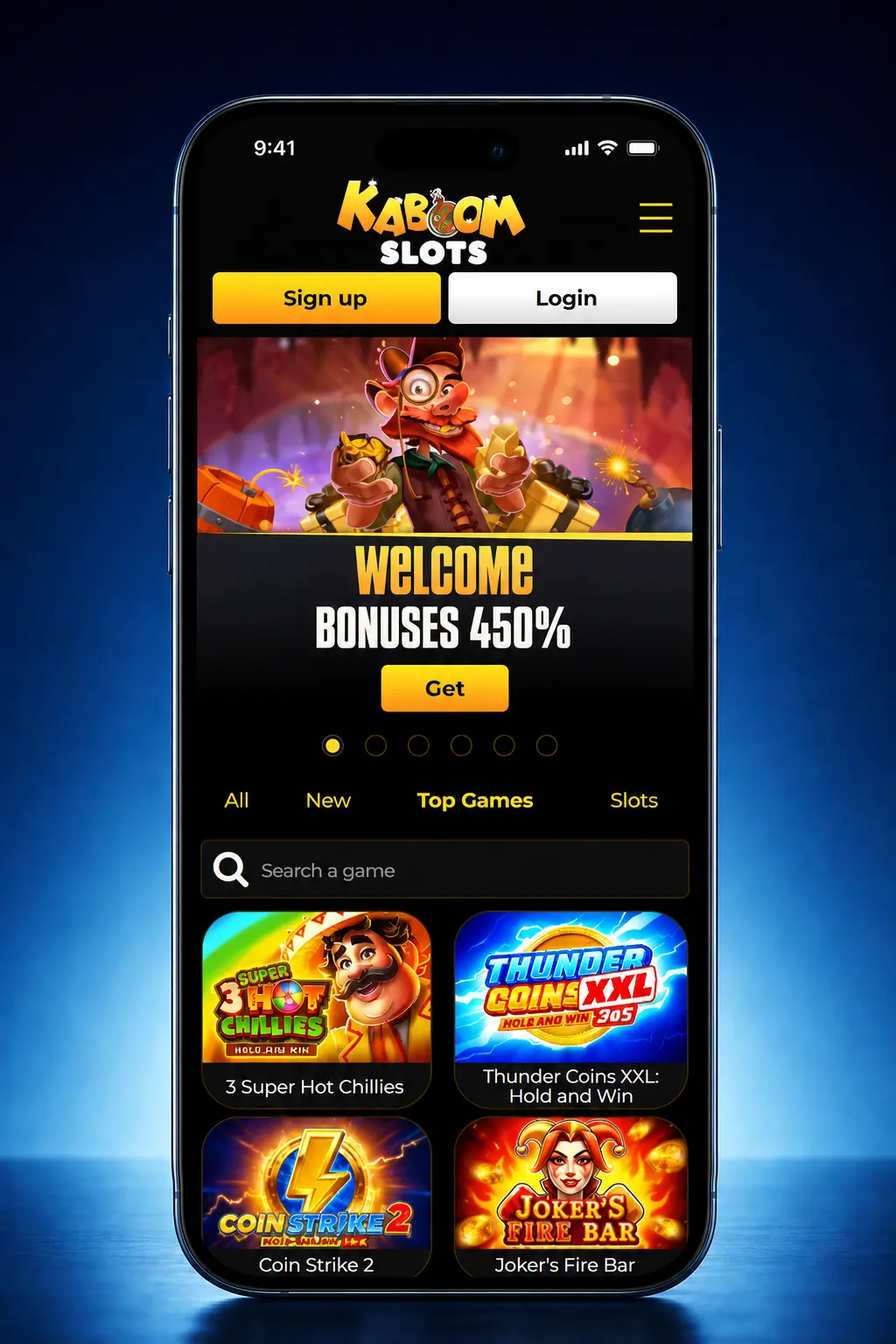 5-step guide to downloading the Kaboom Slots iOS app on iPhone or iPad, from tapping the download button to signing in.