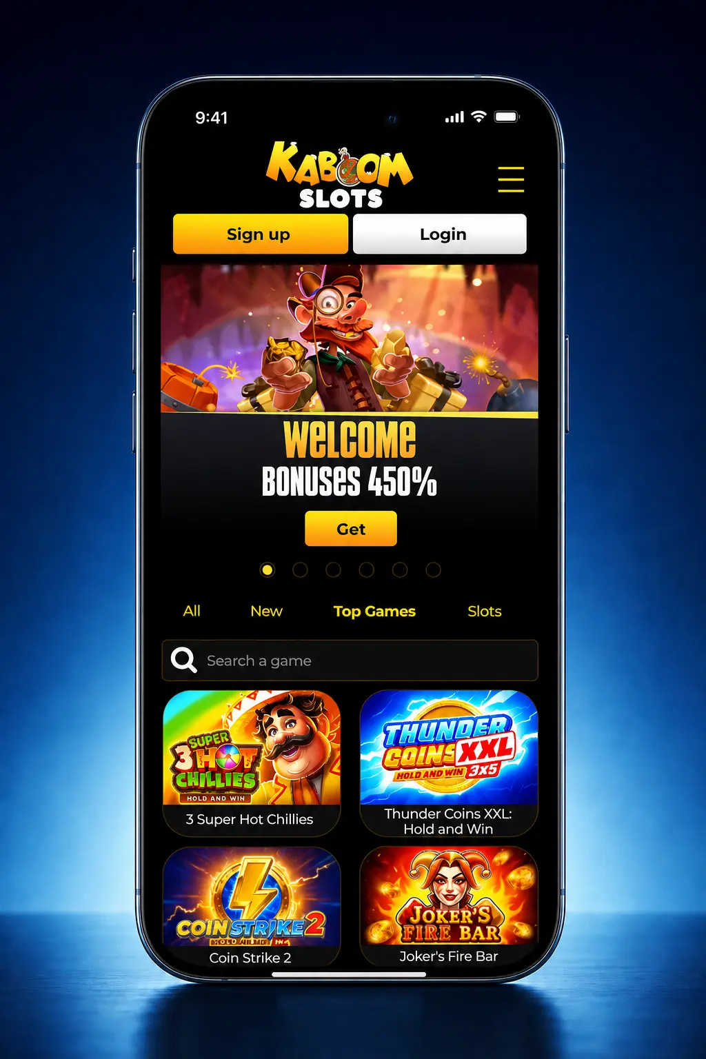 5-step guide to download and install the Kaboom Slots iOS app on iPhone or iPad, from download to login.