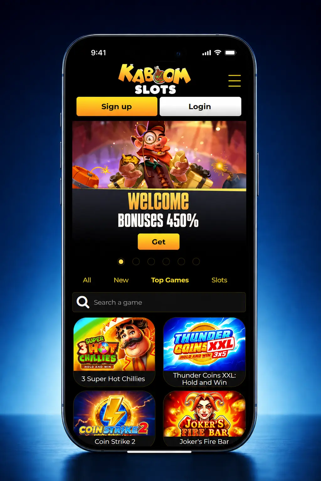 5-step guide to download and install the Kaboom Slots iOS app on iPhone or iPad, from download to sign-in.