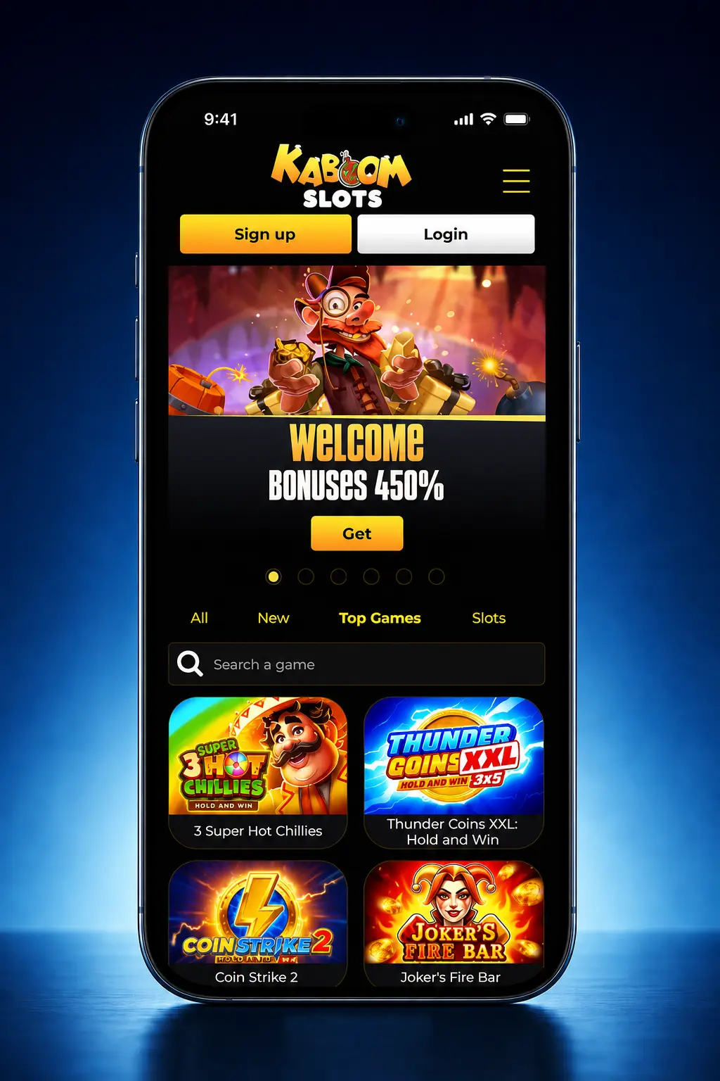 5-step guide to downloading the Kaboom Slots iOS app on iPhone or iPad, from tapping download to signing in.