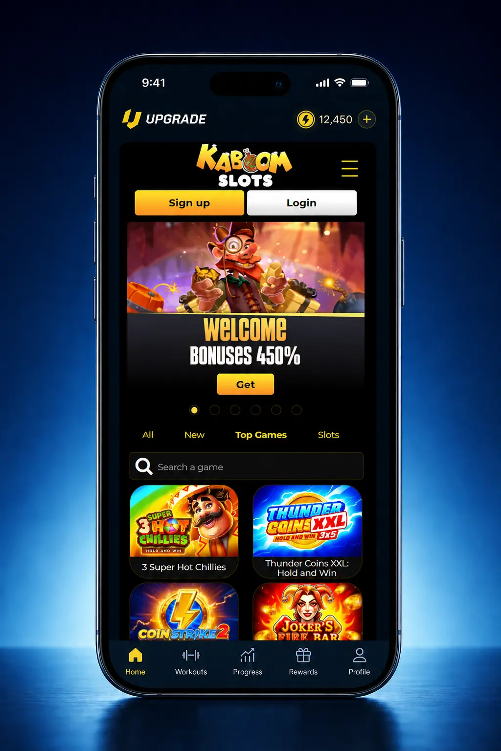 5-step guide to download and install the Kaboom Slots iOS app on iPhone or iPad, from download to login.