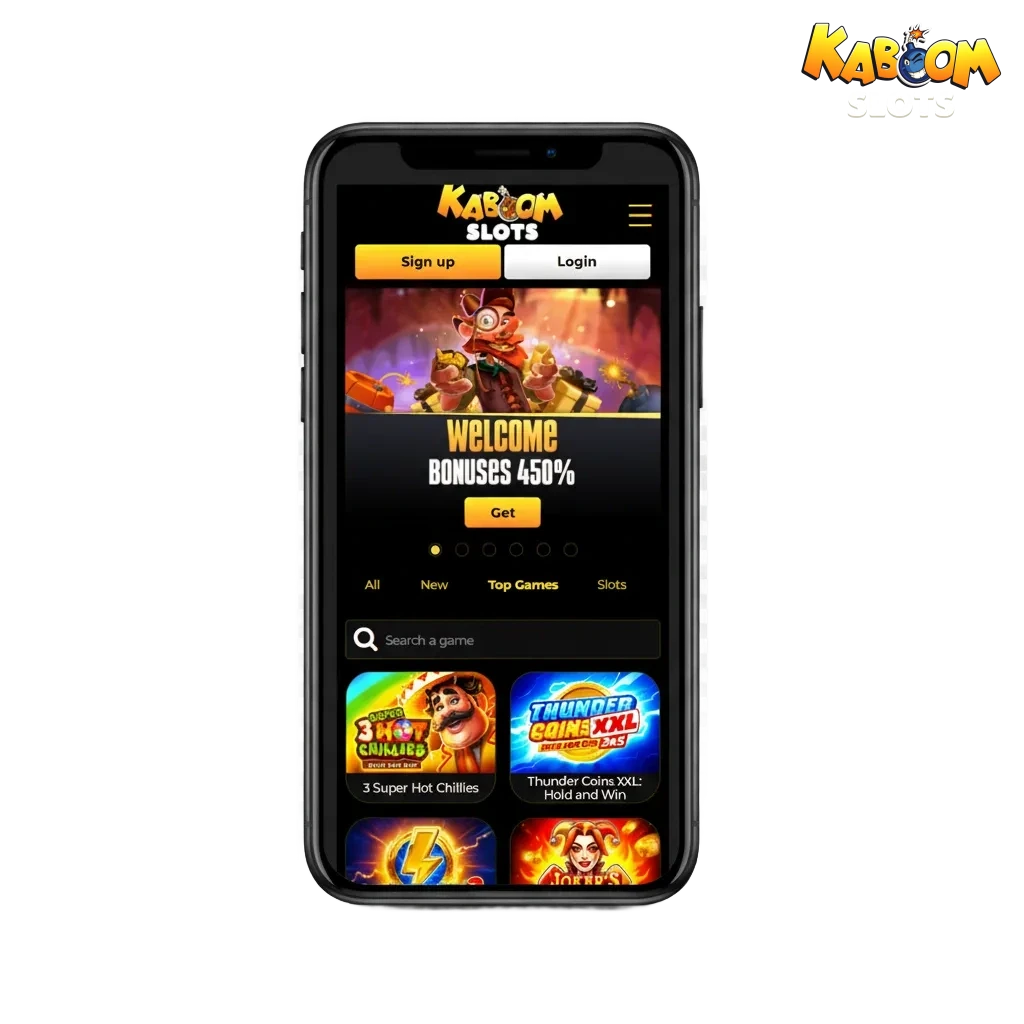 Kaboomslots app on Android and iOS, featuring sports betting, casino games, USDT, and Visa/Mastercard payments.