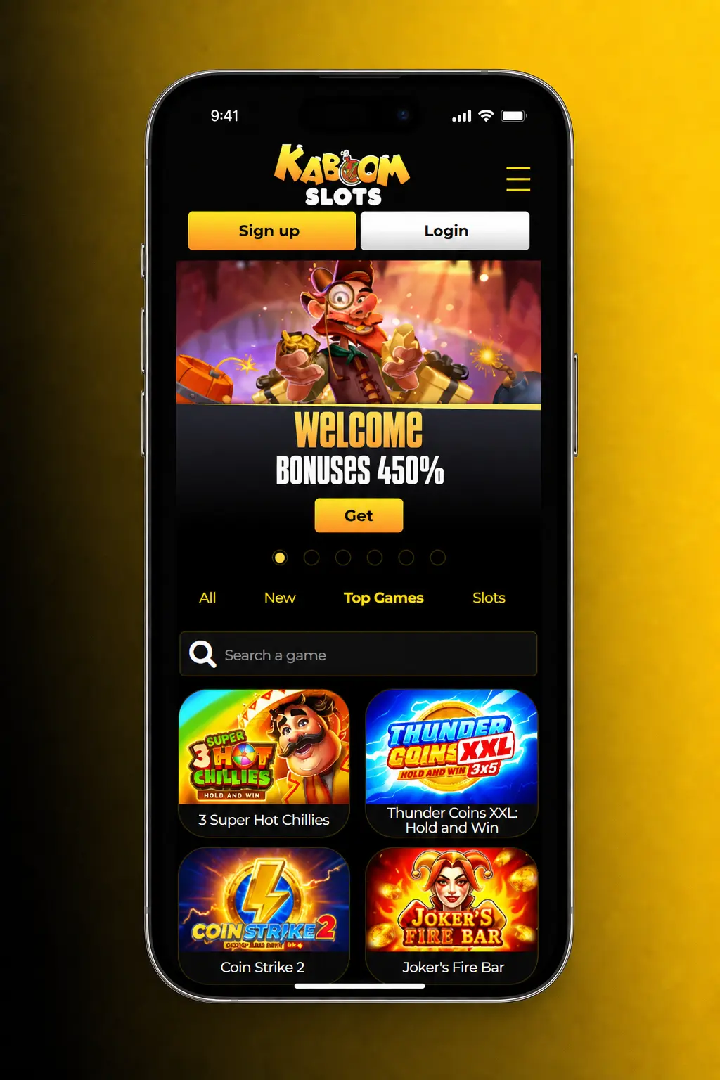 Step-by-step guide to starting casino games at Kaboom Slots, showing login, game selection, and betting controls