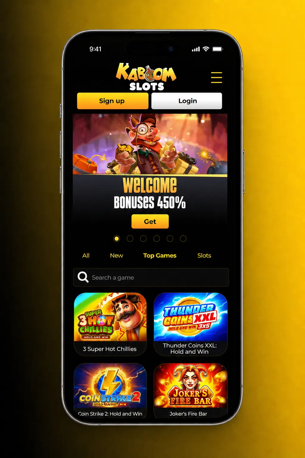 Step-by-step guide to starting casino games at Kaboom Slots, showing login, game selection, and betting controls