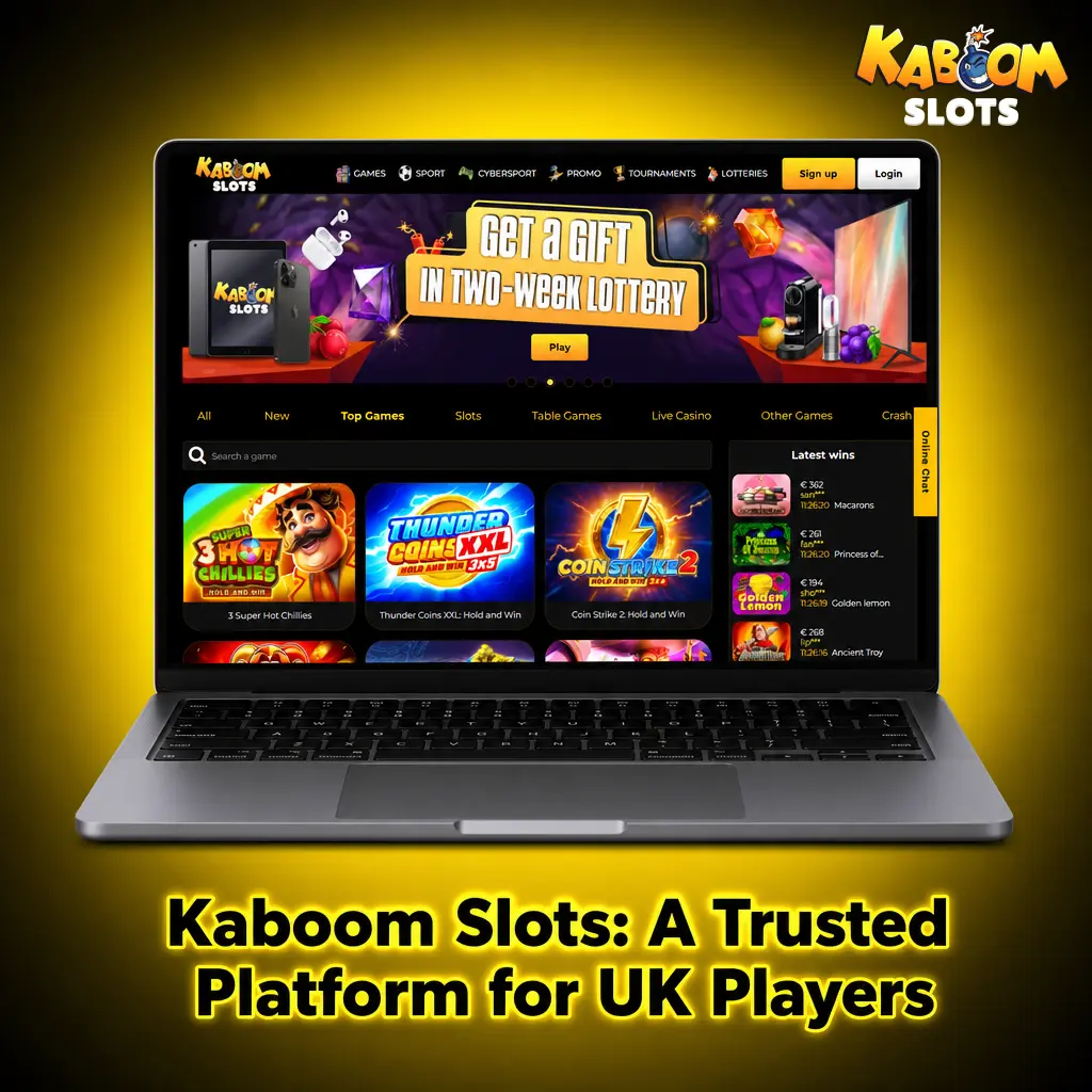 Kaboom Slots UK platform showing sportsbook, casino games, mobile app, and secure SSL-encrypted betting environment