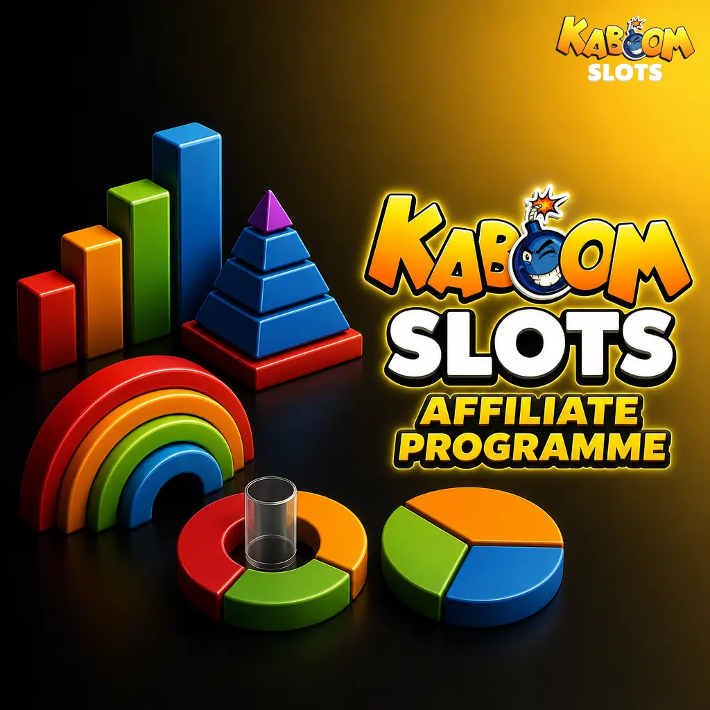 Kaboom Slots affiliate programme overview showing revenue share commissions, tracking tools, and partner dashboard features