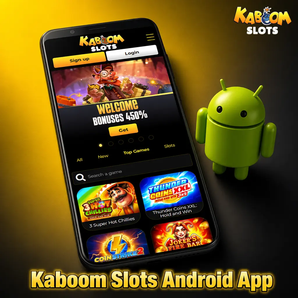 Kaboom Slots Android app interface showing sports betting and casino games available for free download on Android 5.0 and above