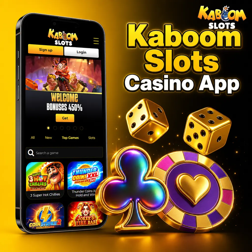Kaboom Slots casino app home screen showing live events, slots, and table games from Evolution Gaming, Pragmatic Play, and NetEnt
