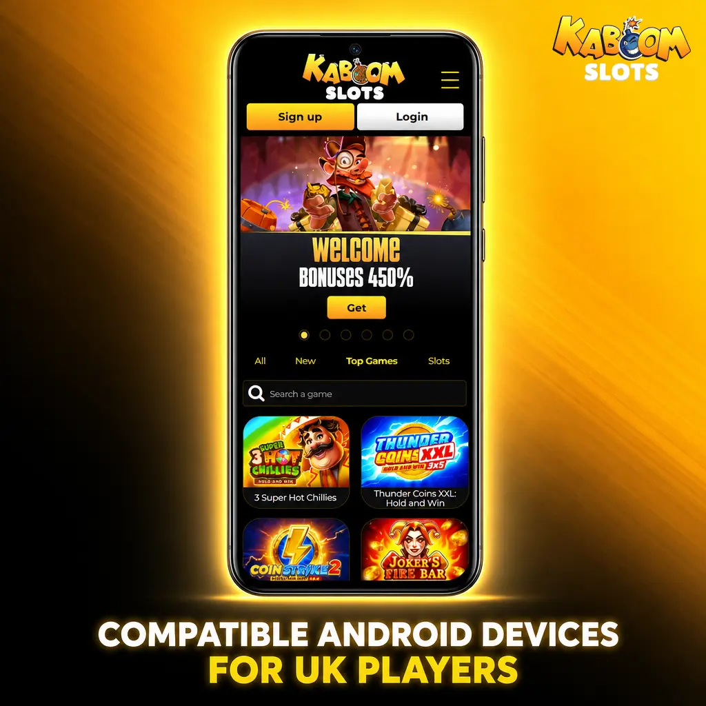 Compatible Android devices for Kaboom Slots app including Samsung, Google Pixel, OnePlus, Xiaomi, and Sony models