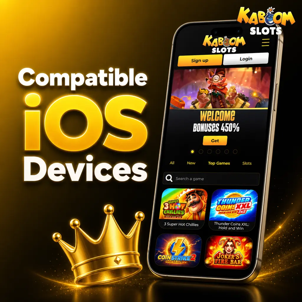 Kaboom Slots app compatible iOS devices including iPhone X to 15 series and iPad Air, Pro, Mini, and standard models