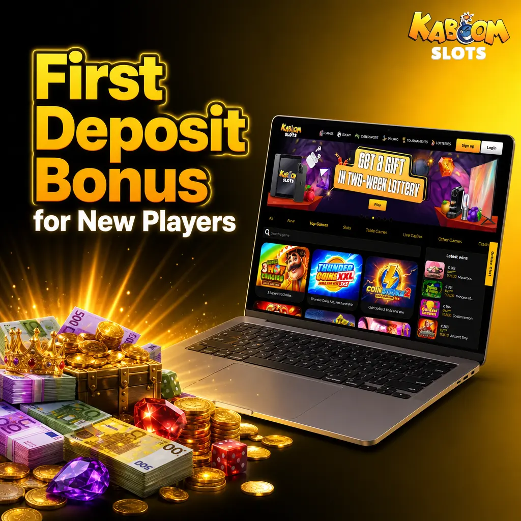 Kaboom Slots tiered first deposit welcome bonus showing 175%, 150%, and 125% offers for new UK players
