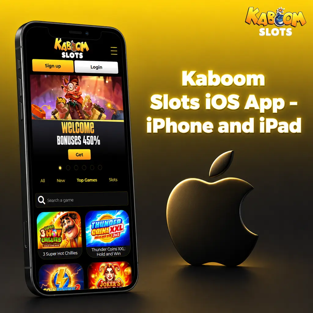 Kaboom Slots iOS app interface displayed on iPhone and iPad, compatible with iOS 12.0 or above, free to download