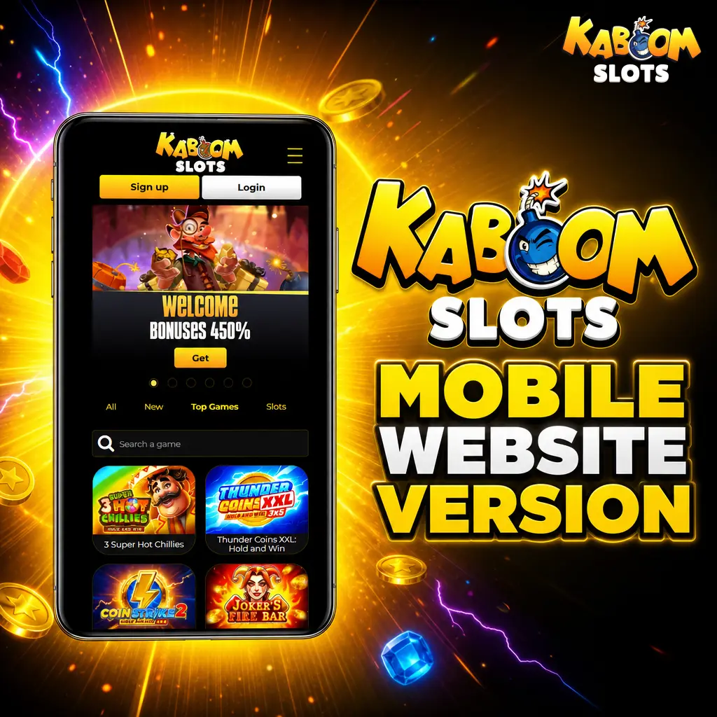 Kaboom Slots mobile website optimised for smartphones and tablets, offering sports betting and casino features via mobile browser