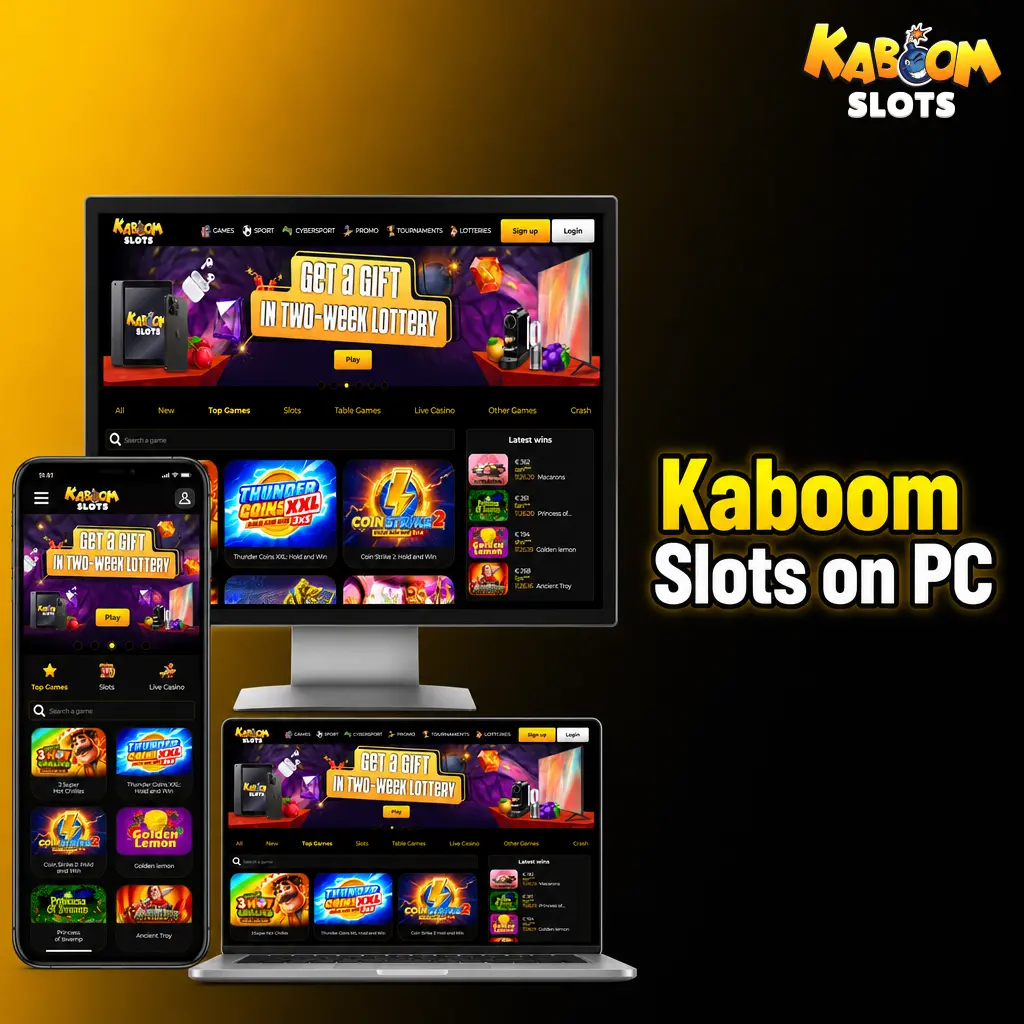 Kaboom Slots casino games accessible on PC via web browser, no download required, compatible with Chrome Firefox Edge Safari