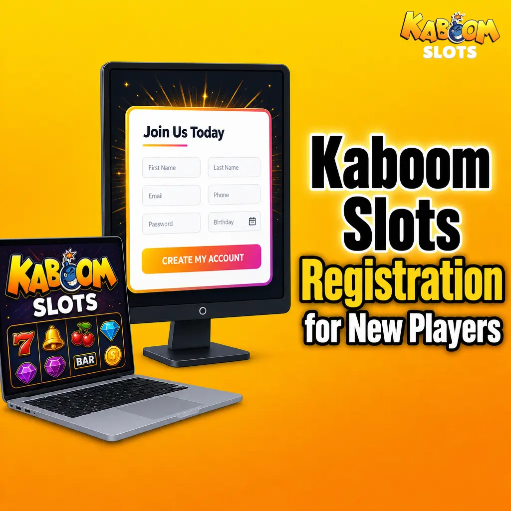 Kaboom Slots registration guide for new players showing step-by-step sign-up process to access games and welcome bonus