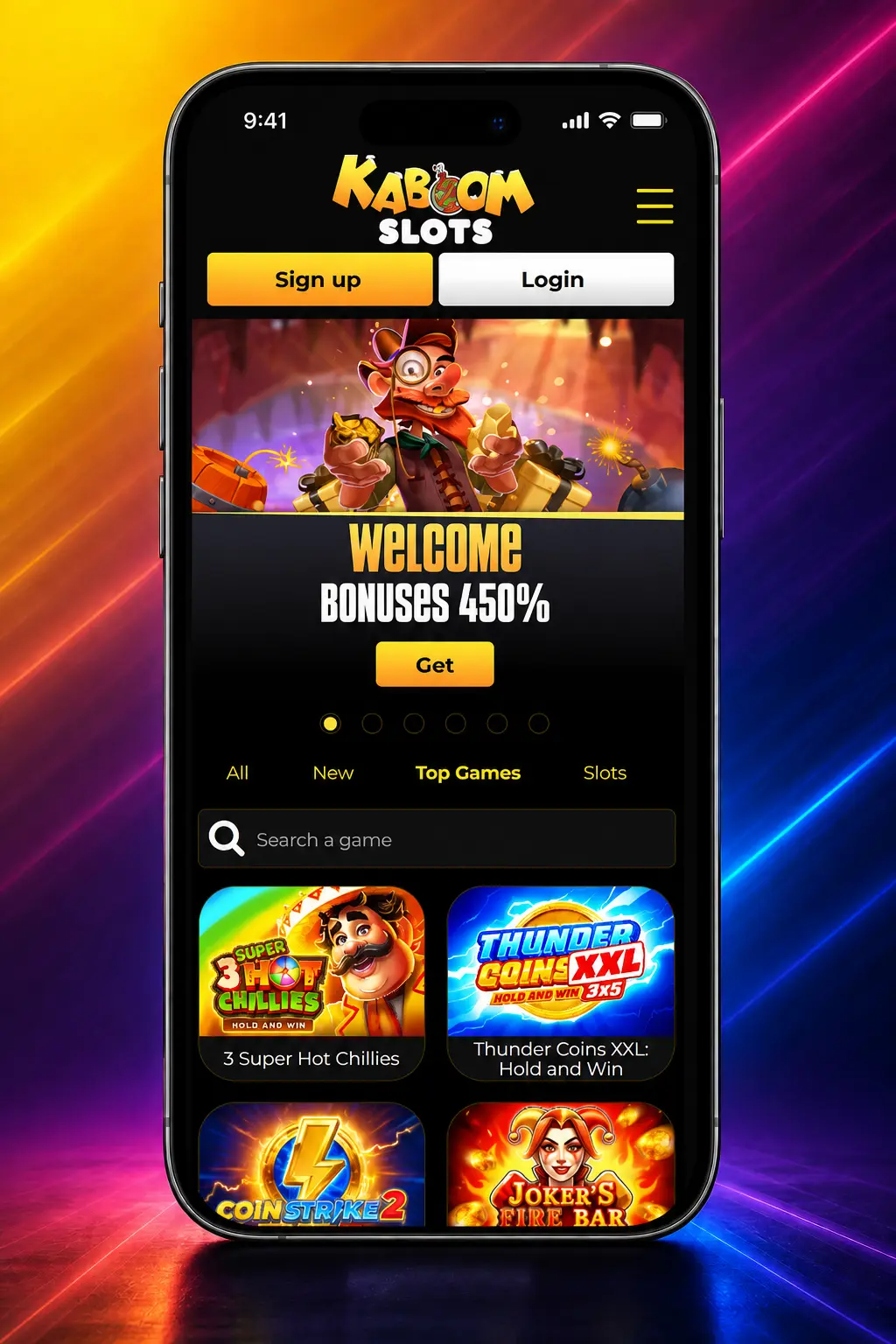 Kaboom Slots sign up guide showing 5 steps to register, verify age, and deposit to activate a welcome bonus