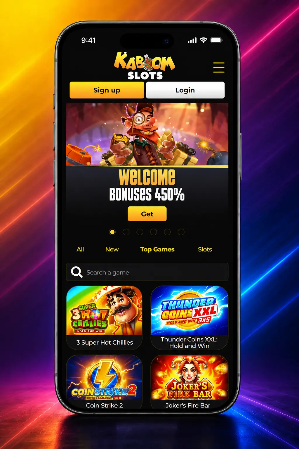 Kaboom Slots sign up process showing 5 steps from registration form to depositing funds for welcome bonus