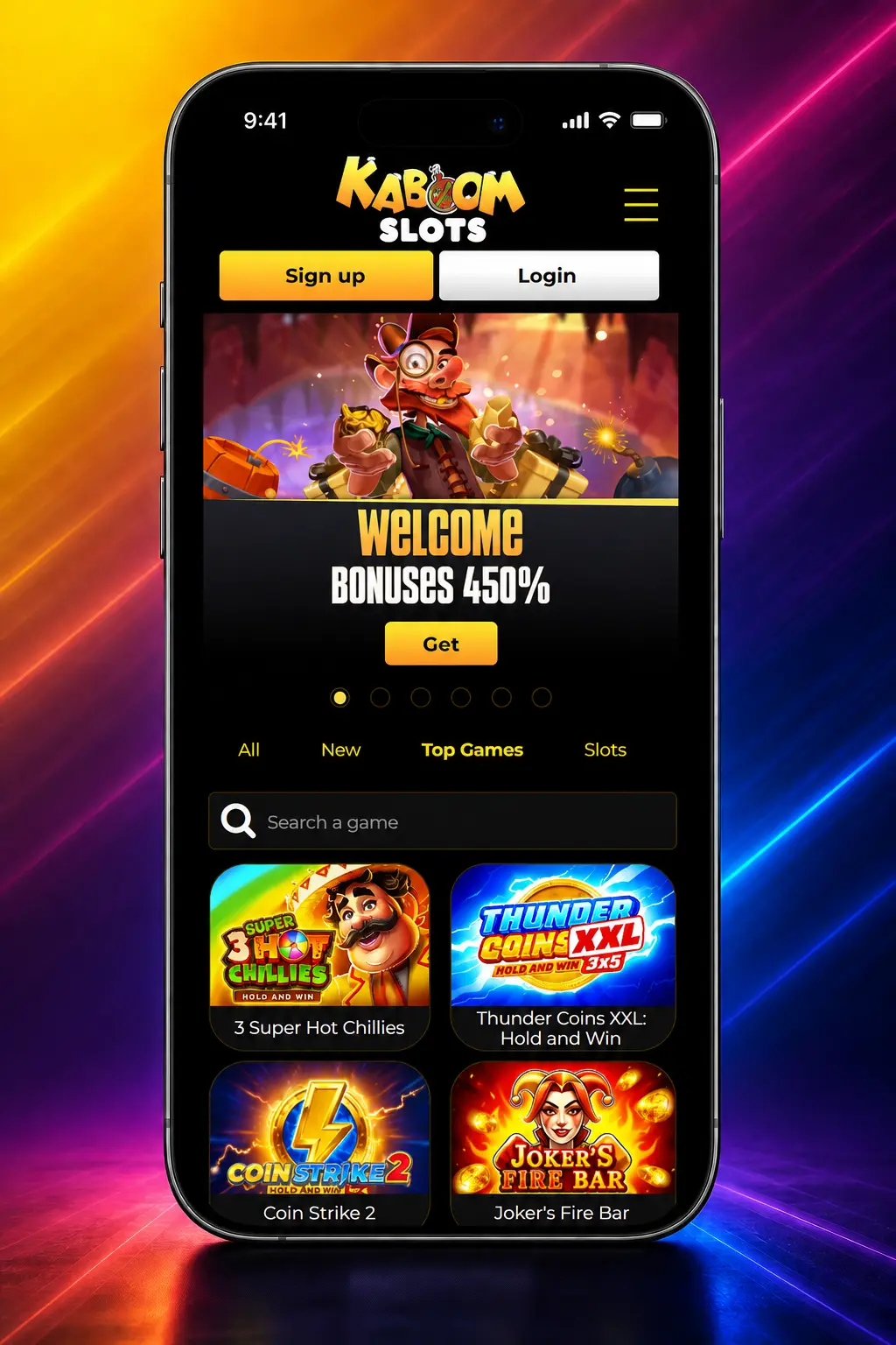 Kaboom Slots sign-up process showing 5 steps from registration form to depositing for a welcome bonus