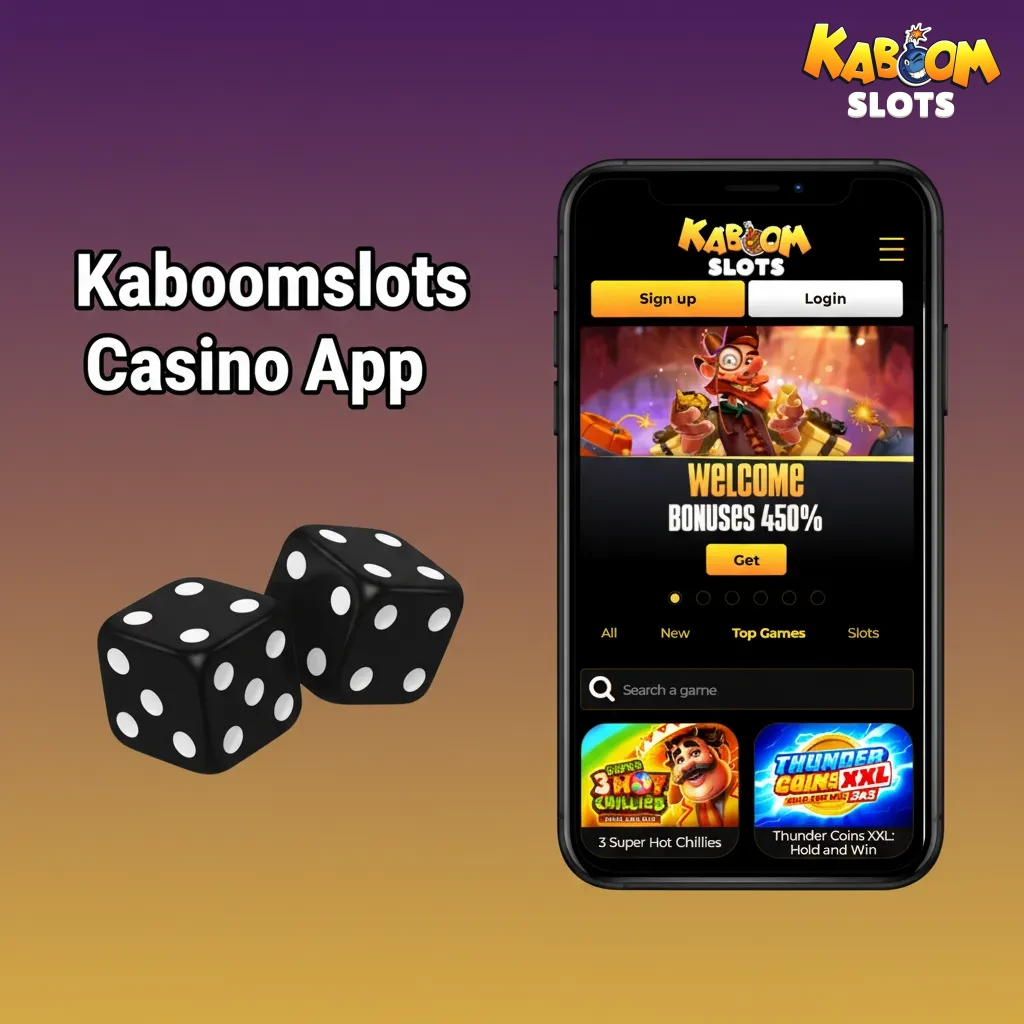 Kaboomslots mobile app home screen with live tables and slots, sportsbook toggle, and lobby promotions.
