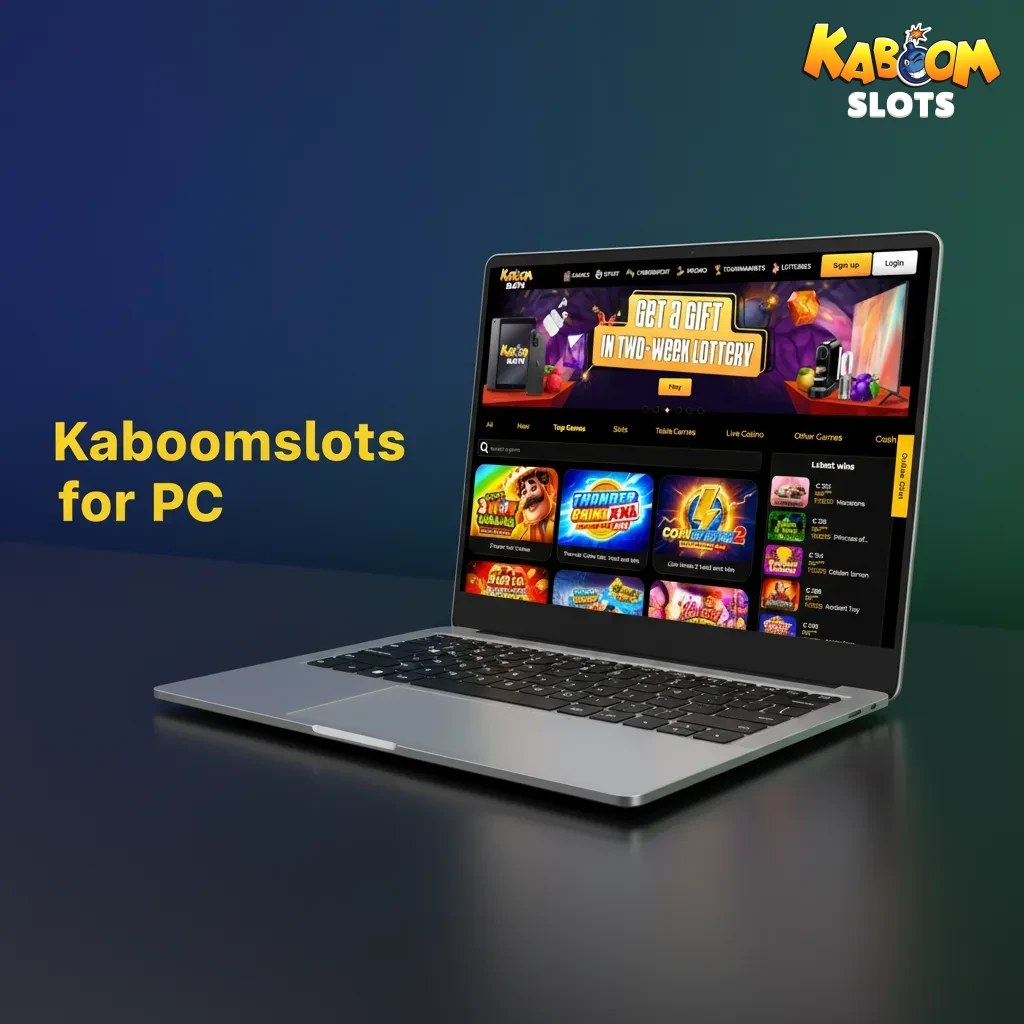 Instructional graphic showing how to install Kaboomslots website as a desktop app via Chrome/Edge on PC.