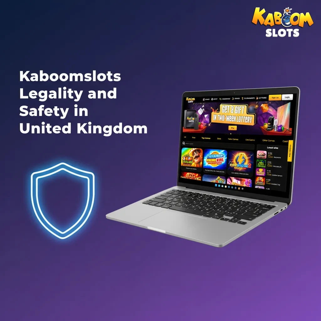 Kaboomslots UK legality and safety: UK flag, licence, SSL padlock, KYC/AML, limit tools, time-outs, privacy terms.