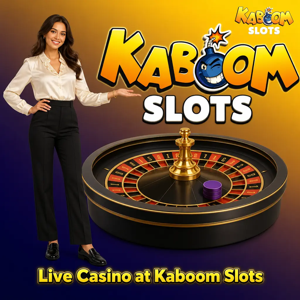 Live casino lobby at Kaboom Slots featuring Evolution games including Lightning Roulette, Crazy Time, and live blackjack tables
