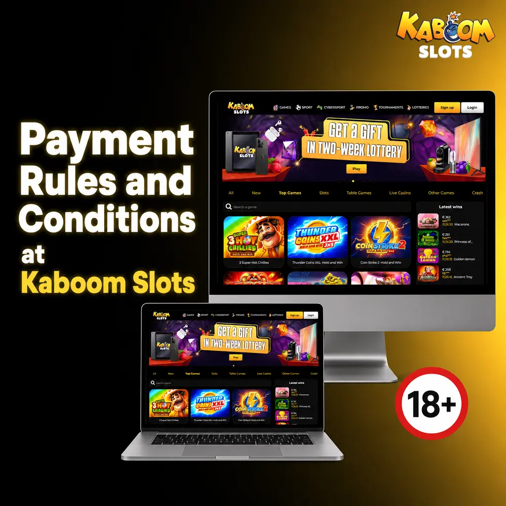 Kaboom Slots payment rules: EUR 20 min deposit, KYC verification, AML compliance, x40 wagering, EUR processing