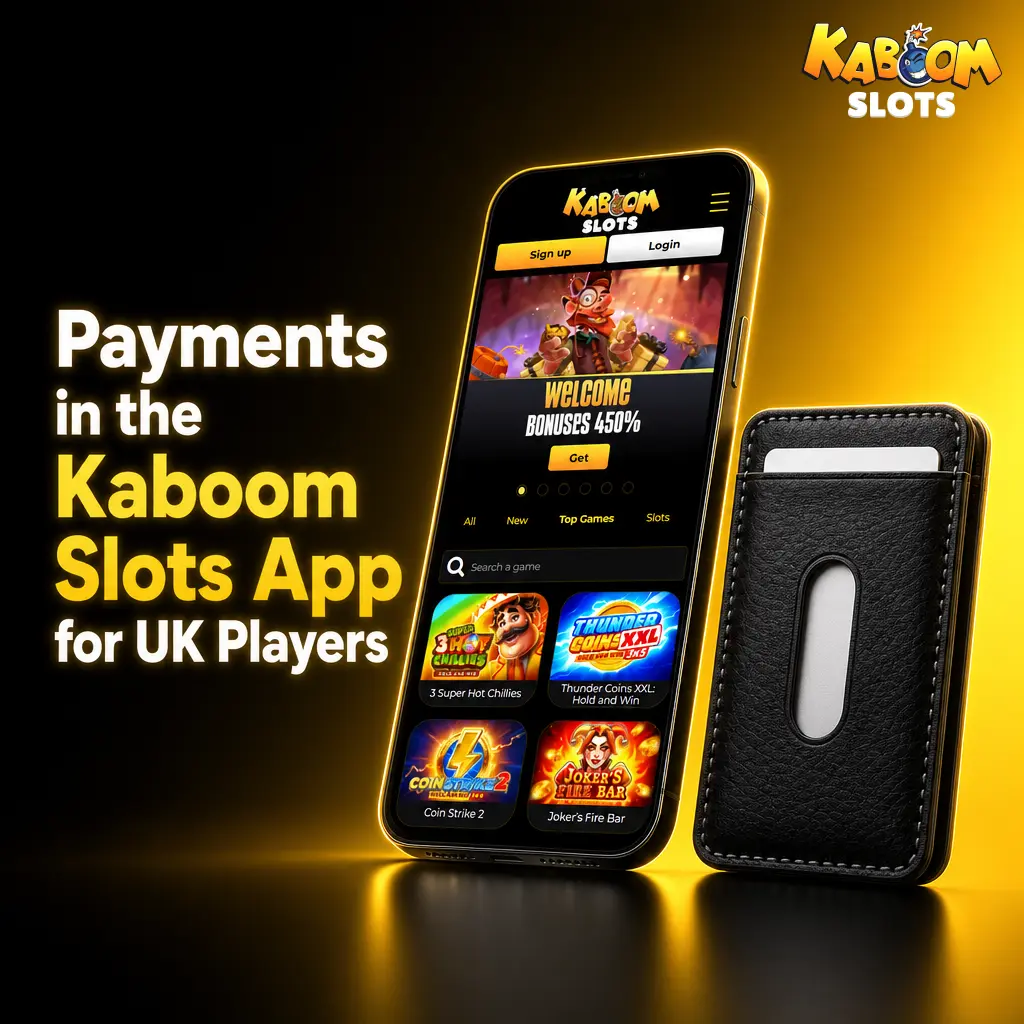 Kaboom Slots app payment methods for UK players including Visa, Mastercard, and USDT ERC20 with fast deposits and withdrawals