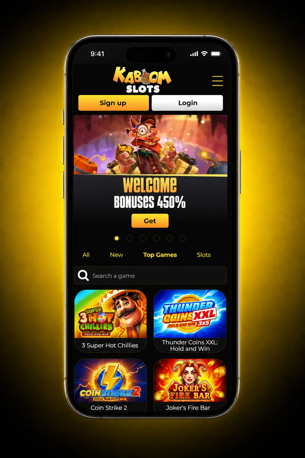 Kaboom Slots app registration steps guide for UK users aged 18 and over, showing a 5-step sign-up process