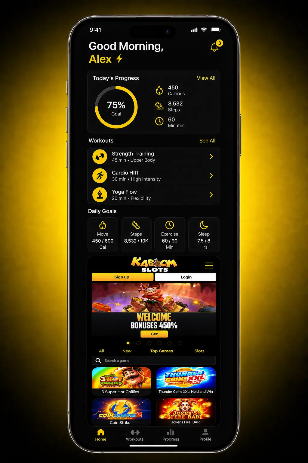 Kaboom Slots app registration steps showing 5-step sign-up process for UK users aged 18 and over