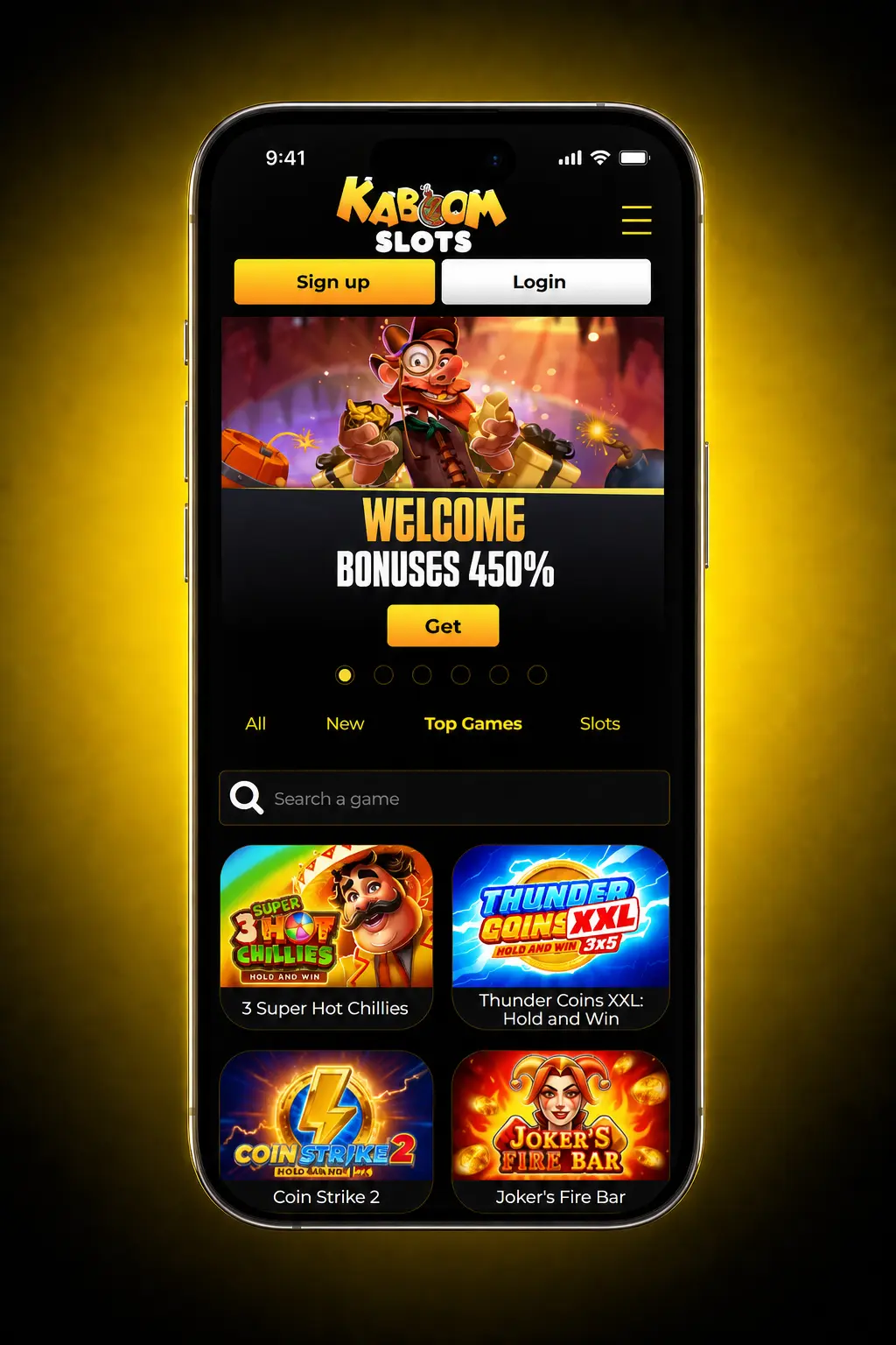 Kaboom Slots app registration steps guide for UK users aged 18 and over, showing 5-step sign-up process