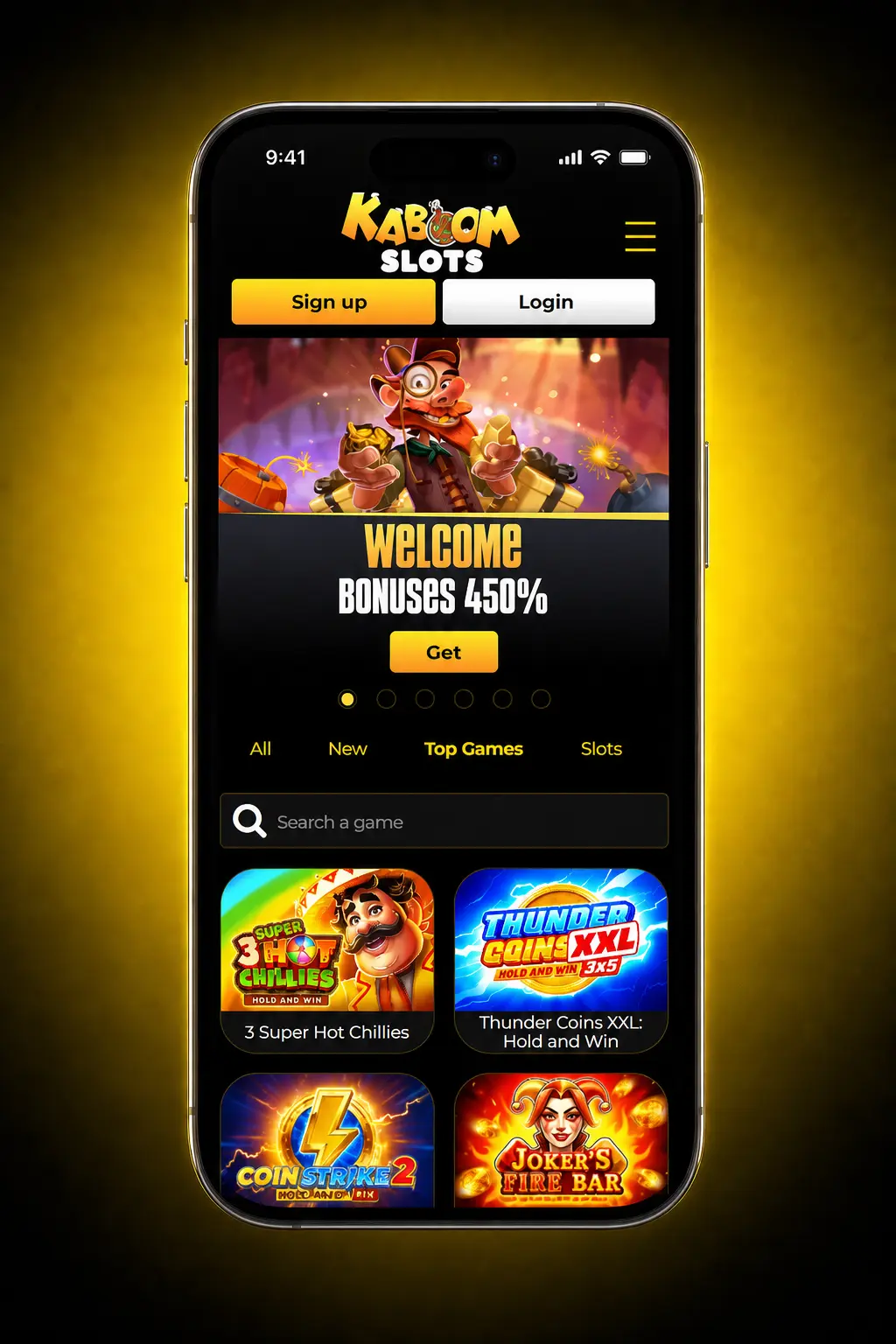 Kaboom Slots app registration steps showing 5-step sign-up process for UK users aged 18 and over