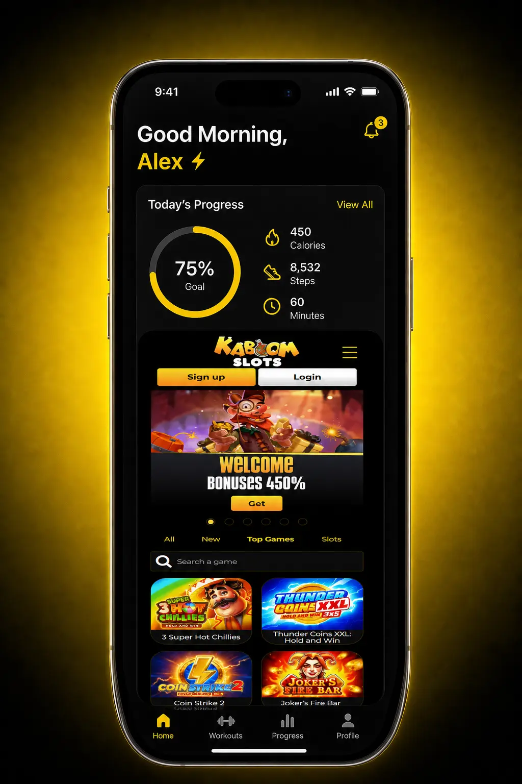 Kaboom Slots app registration steps showing 5-step sign-up process for UK users aged 18 and over