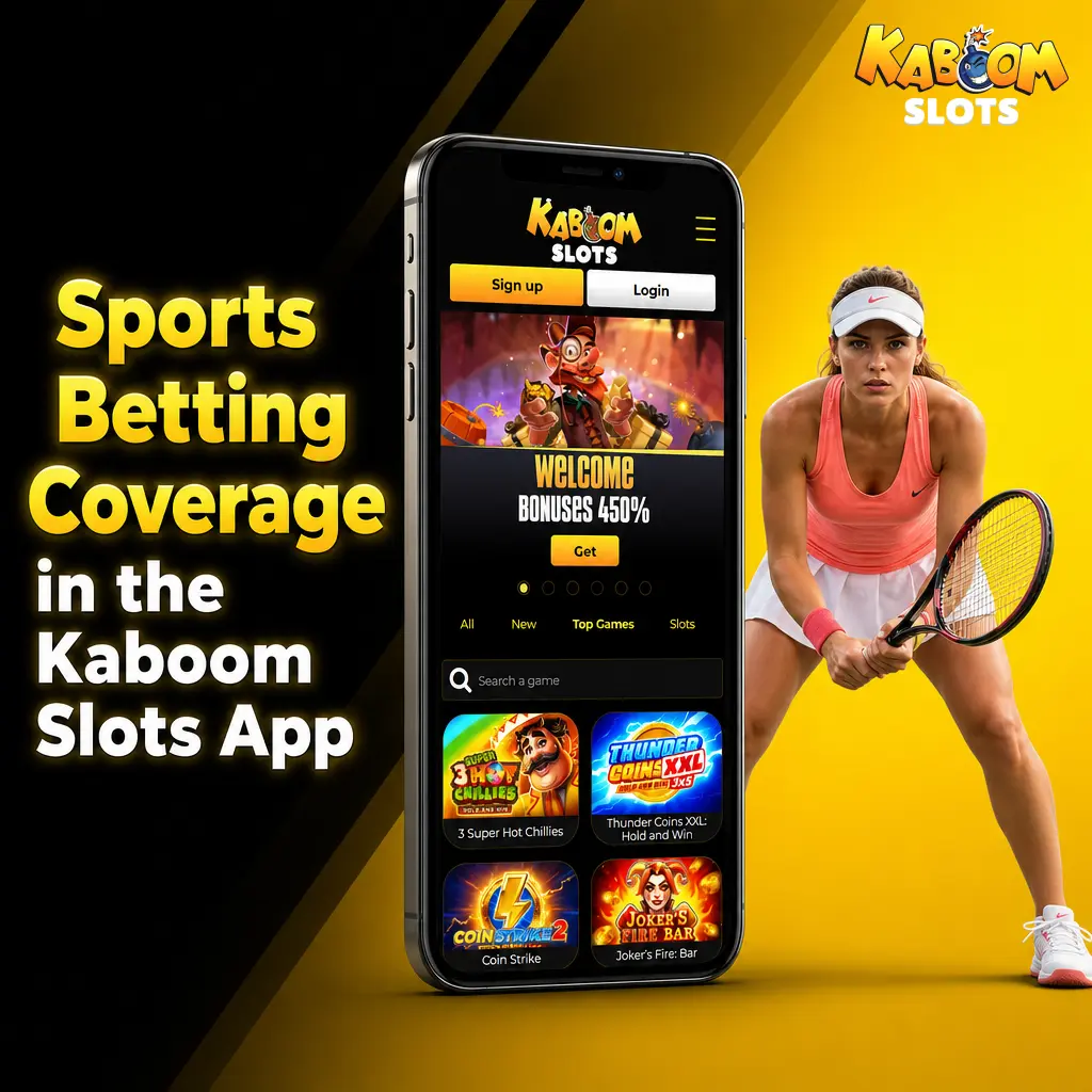 Sports betting interface in the Kaboom Slots app showing football, tennis, eSports and more with live and line betting options