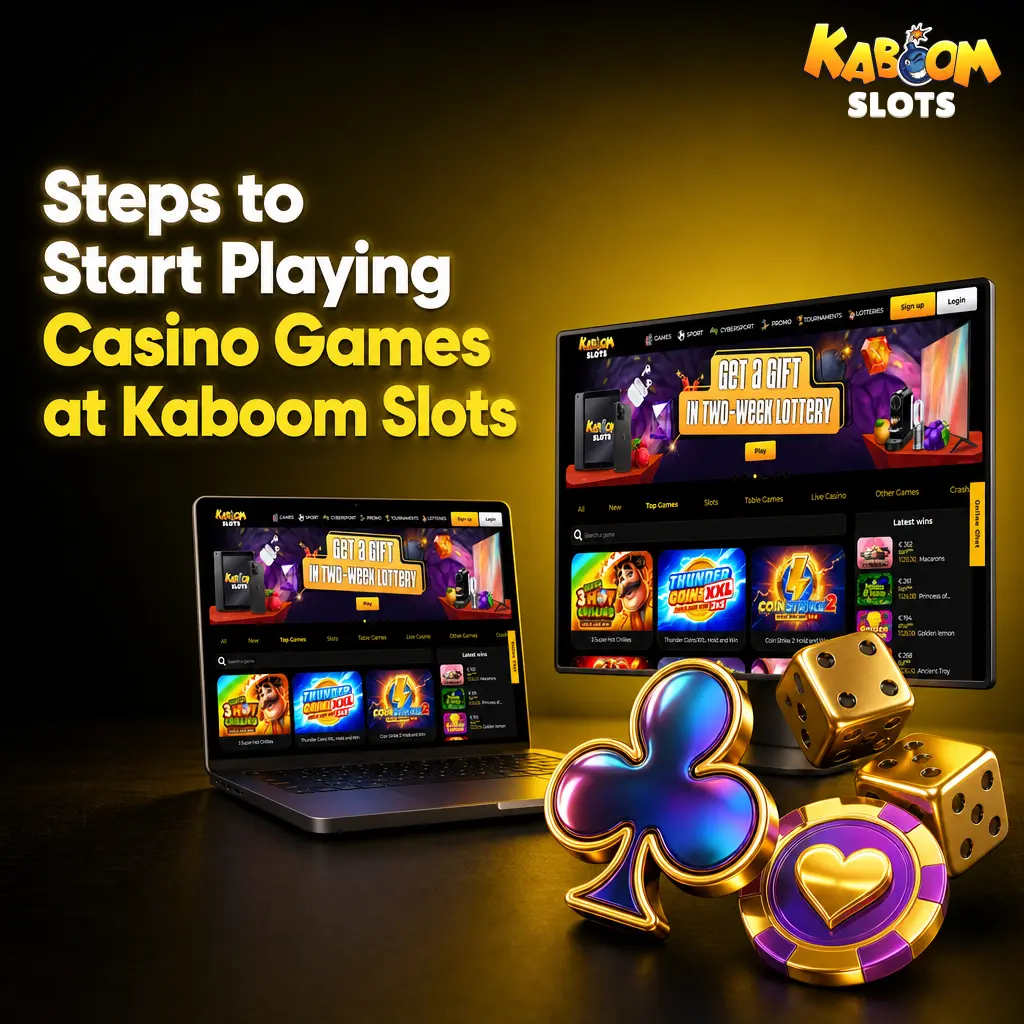 Steps to start playing casino games at Kaboom Slots, from registration and KYC to depositing and launching games
