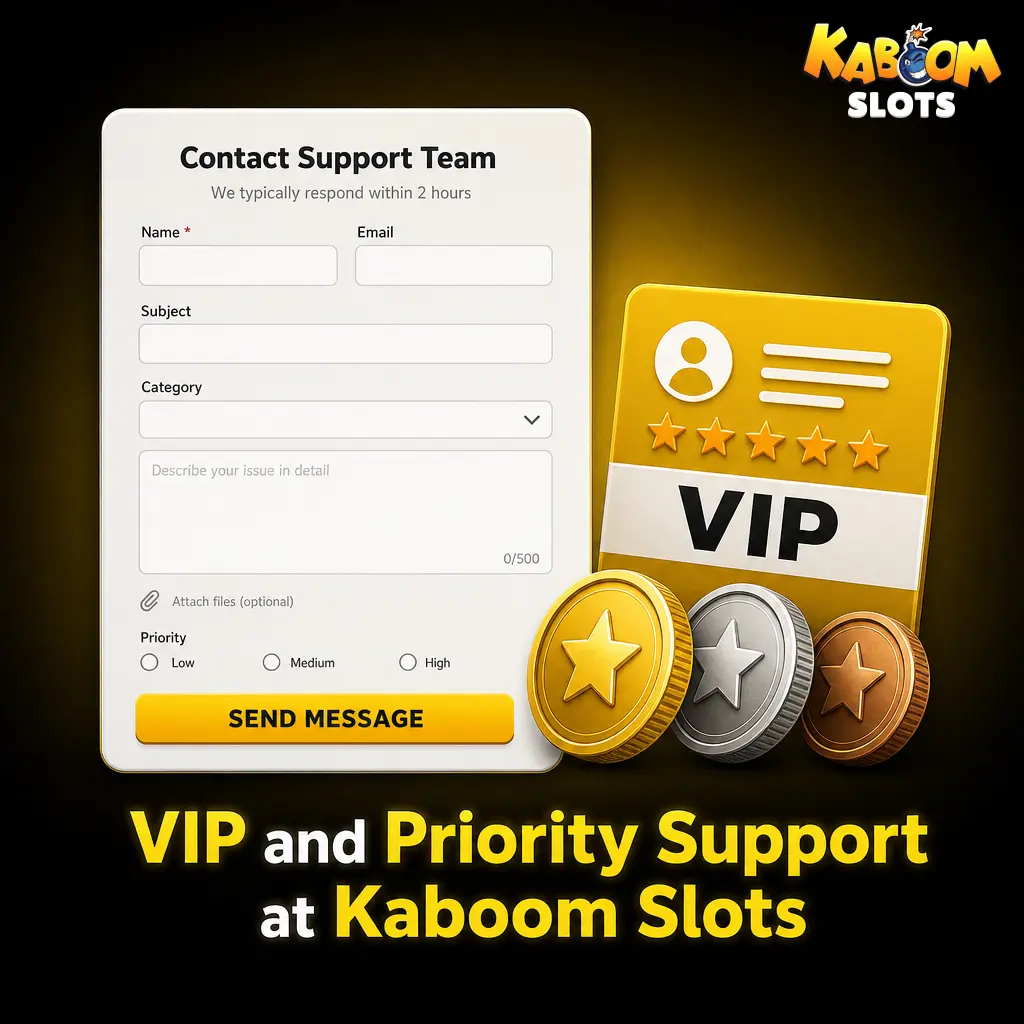 Kaboom Slots VIP and priority support service offering faster responses and dedicated account managers for loyalty members