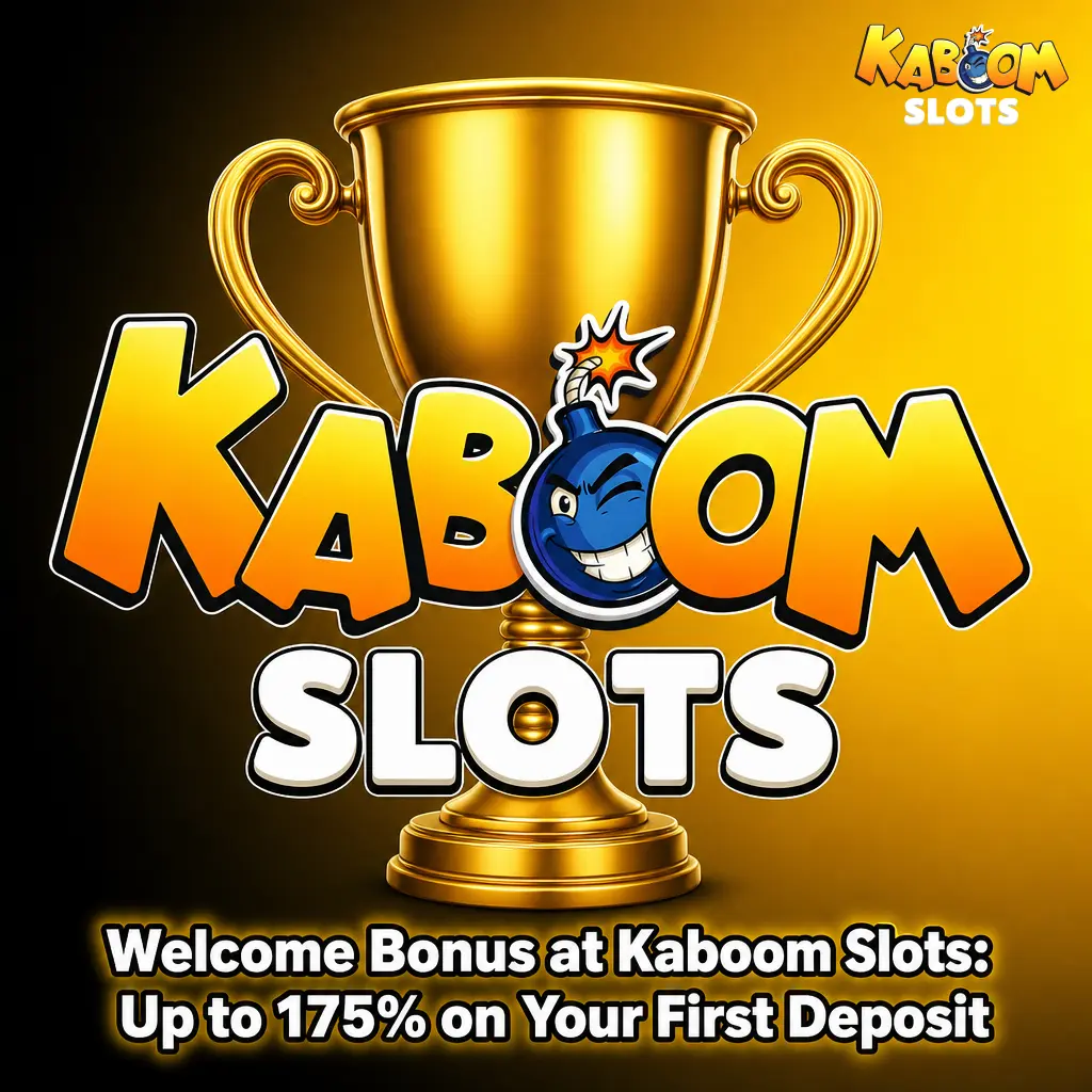 Kaboom Slots welcome bonus offer showing three deposit tiers with up to 175% match bonus and x40 wagering requirement