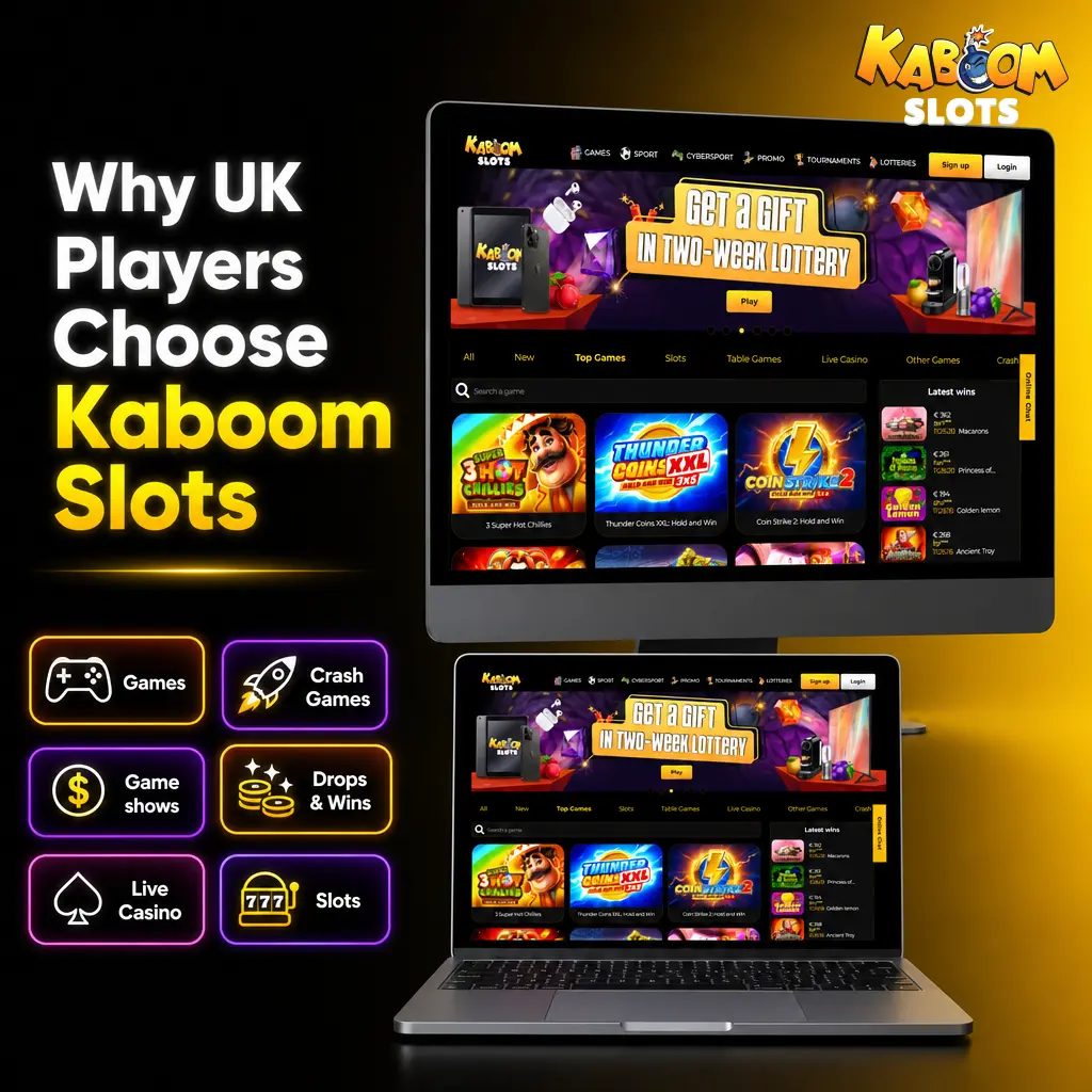 UK players choosing Kaboom Slots for GBP support, mobile app, bonuses, SSL security, and certified game providers like NetEnt
