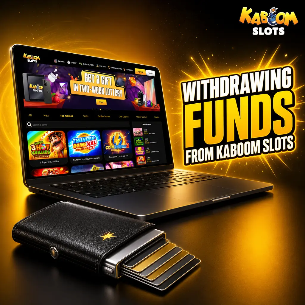Kaboom Slots withdrawal process showing account menu, payment method selection, and transaction history tracking steps
